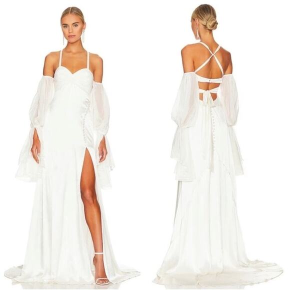 For Love & Lemons Esme Puff Sleeve Bridal White Maxi Gown Size Large - Picture 1 of 12
